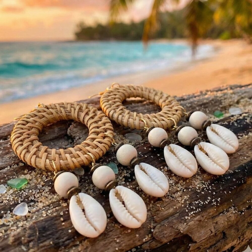 Rattan Woven Hoop Earrings Cowrie Shell Dangle Boho Coastal Mermaidcore Beach - Picture 14 of 16